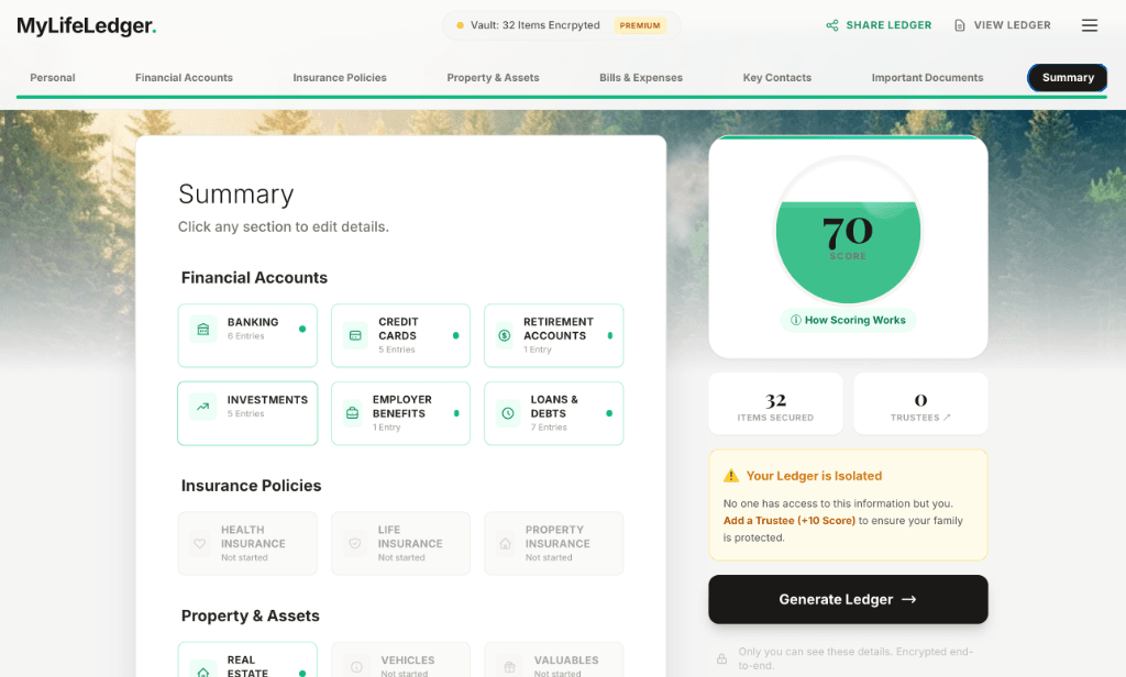 MyLifeLedger dashboard interface showing organized family information categories