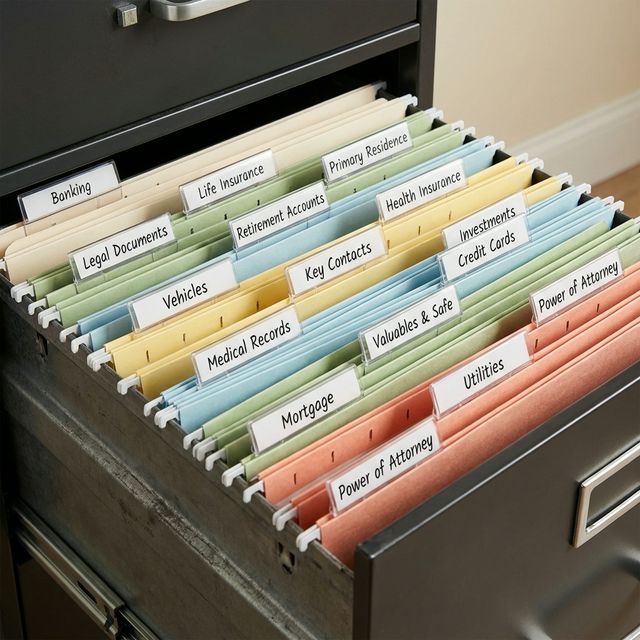 Open filing cabinet with labeled folders for Banking, Insurance, Real Estate and more