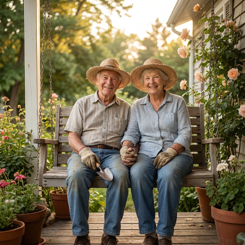 Senior couple gardening